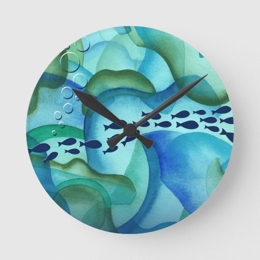 Schwärmen der Fisch-Aquarelluhr Runde Wanduhr (Vorderseite)