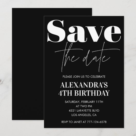 Schwarz - 4. Geburtstagsfeier Save the Date White Einladung (Vorne/Hinten)