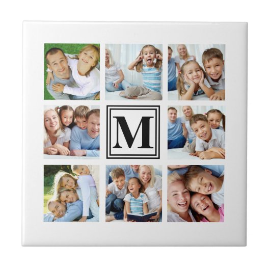 Schwarz-8-Familienfoto-Collage Monogram Fliese (Vorderseite)
