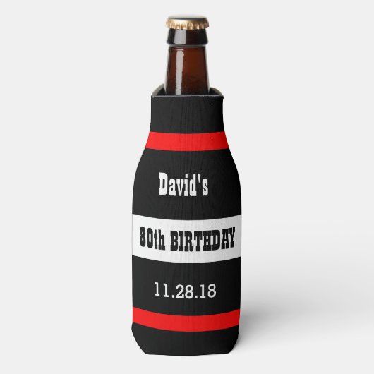 Schwarz am 80. Geburtstag mit rotem Rahmen Custom  Flaschenkühler (Flaschenvorderseite)