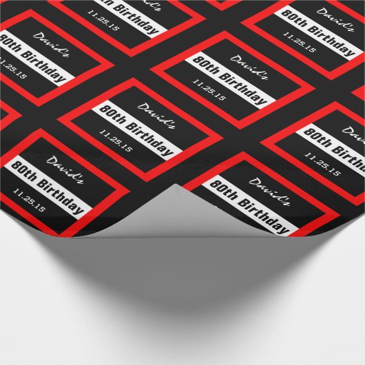Schwarz am 80. Geburtstag mit rotem Rahmen Custom Geschenkpapier (Ecke)