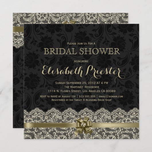 Schwarz & Antikes Weißes Spitzen Brautparty laden Einladung (Vorne/Hinten)