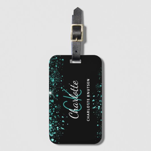 Schwarz-aquamarin-grüner Glitzer-Staubmonogramm Gepäckanhänger (Vorderseite Vertikal)