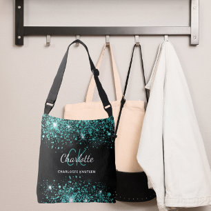 Schwarz-aquamarin-grüner Glitzer-Staubmonogramm Tragetaschen Mit Langen Trägern
