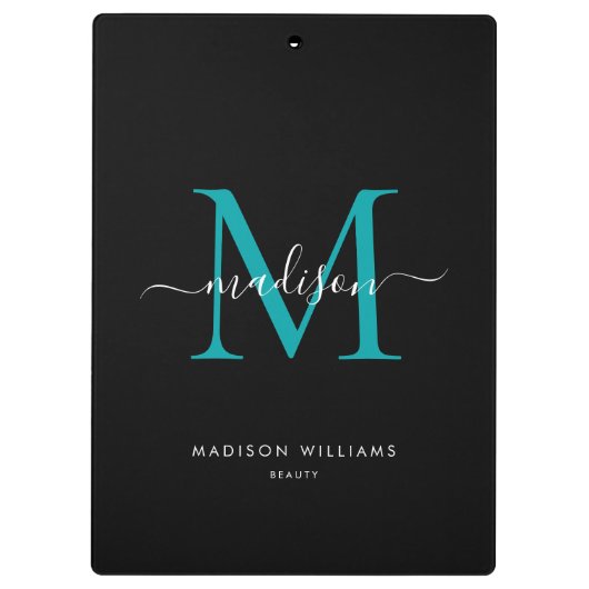 Schwarz-Aquamarin-grünes Monogramm Eleganter Skrip Klemmbrett (Rückseite)