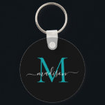 Schwarz Aquamarin Monogram Name Elegante Modernes  Schlüsselanhänger<br><div class="desc">Einfache Schwarz-Aquamarin-Grün-Monogram-Eleganter Moderner Schlüsselanhänger für Skripte</div>