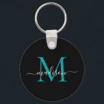 Schwarz Aquamarin Monogram Name Elegante Modernes  Schlüsselanhänger<br><div class="desc">Einfache Schwarz-Aquamarin-Grün-Monogram-Eleganter Moderner Schlüsselanhänger für Skripte</div>