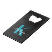 Schwarz-Aquamarin-Monogramm Geldbeutel Flaschenöffner (Rückseite Schrägansicht)