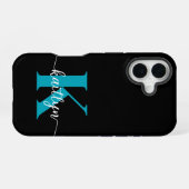 Schwarz-Aquamarin-Monogramm iPhone 16 Hülle (Rückseite (Horizontal))