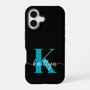 Schwarz-Aquamarin-Monogramm iPhone 16 Hülle