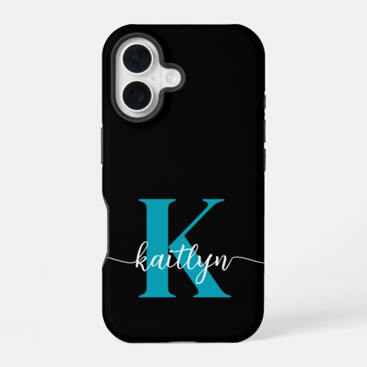 Schwarz-Aquamarin-Monogramm iPhone 16 Hülle (Rückseite)