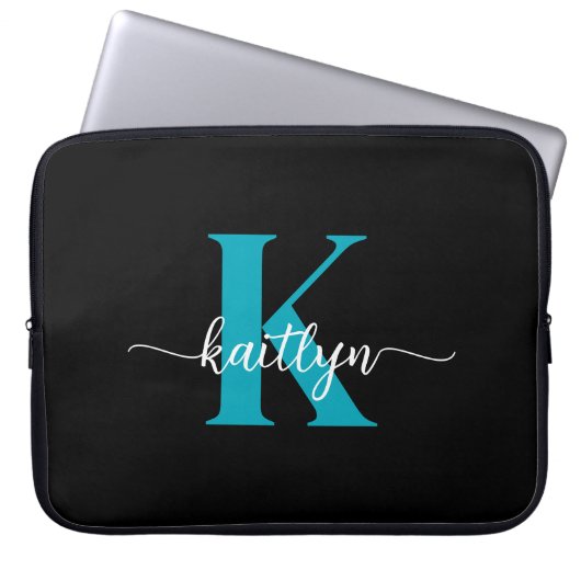 Schwarz-Aquamarin-Monogramm Laptopschutzhülle (Vorderseite)