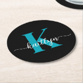 Schwarz-Aquamarin-Monogramm Runder Pappuntersetzer (Angewinkelt)