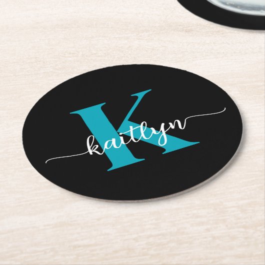 Schwarz-Aquamarin-Monogramm Runder Pappuntersetzer (Angewinkelt)