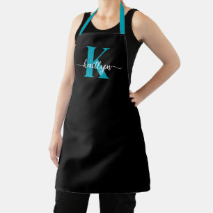 Schwarz-Aquamarin-Monogramm Schürze