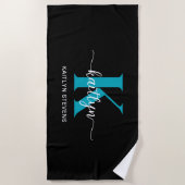 Schwarz-Aquamarin-Monogramm Strandtuch (Vorderseite)