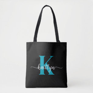 Schwarz-Aquamarin-Monogramm Tasche