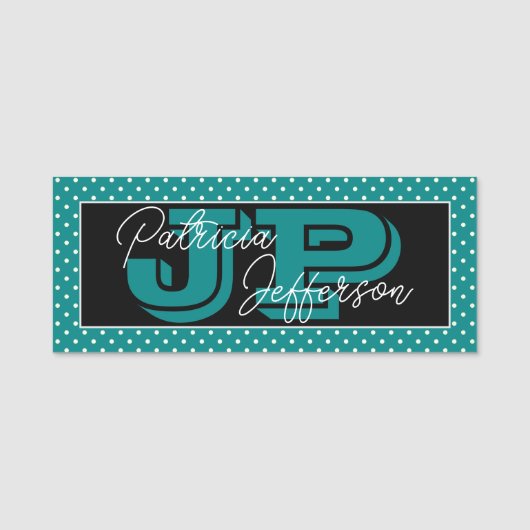 Schwarz-Aquamarin-Polka-Dot-Monogramm: weiß, hands Namensschild (Vorderseite)