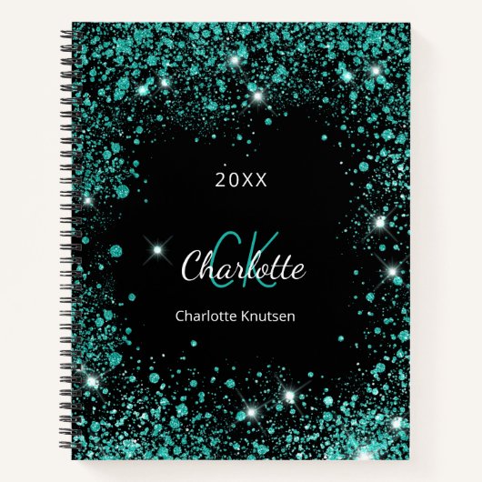 Schwarz aquamariner Glitzer staubgrüne Monogramm-I Notizblock (Vorderseite)