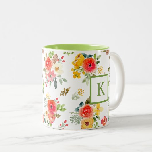 Schwarz-Aquarell-Blume Monogramm Zweifarbige Tasse (VorderseiteRechts)