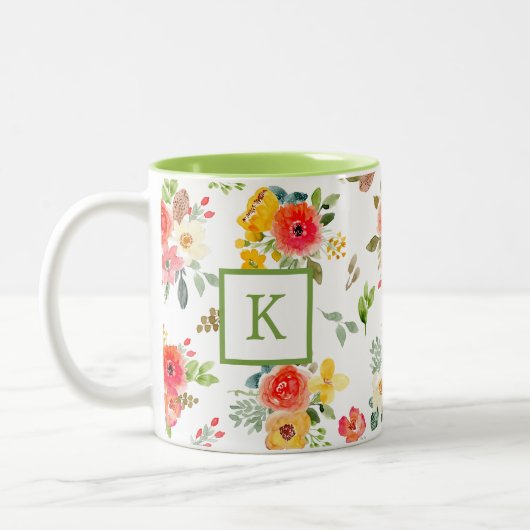 Schwarz-Aquarell-Blume Monogramm Zweifarbige Tasse (Links)