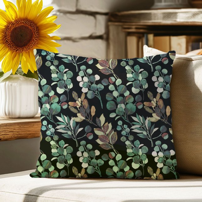 Schwarz-Ästhetisch-grünes Blume-Blattmuster Kissen (Von Creator hochgeladen)