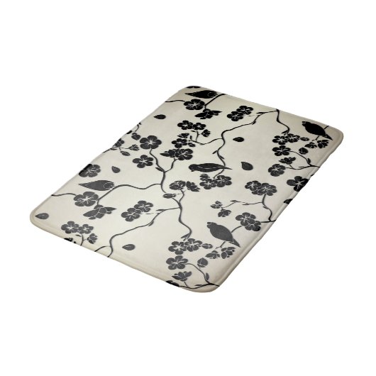 Schwarz auf Bronze Muster Vögel und Kirschblüten Badematte (Schrägansicht)
