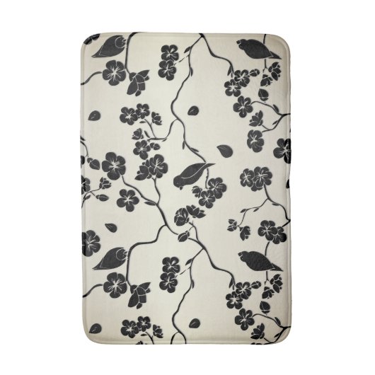 Schwarz auf Bronze Muster Vögel und Kirschblüten Badematte (Vorderseite Vertikal)