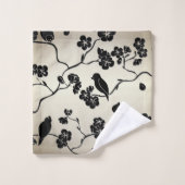 Schwarz auf Bronze Muster Vögel und Kirschblüten Badhandtuch Set (Waschlappen)