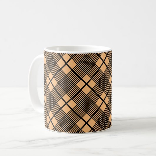 Schwarz auf Camel Brown Kariert Pattern Glen Kaffeetasse (Vorderseite Links)