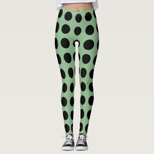Schwarz auf Dunklem Meer Grün großen Horiz. Polka  Leggings (Vorderseite)