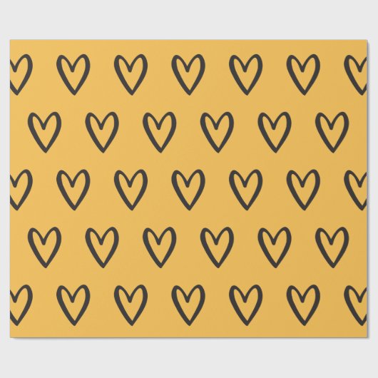 Schwarz auf gelben, handgezogenen Herzen Geschenkpapier (Flach)