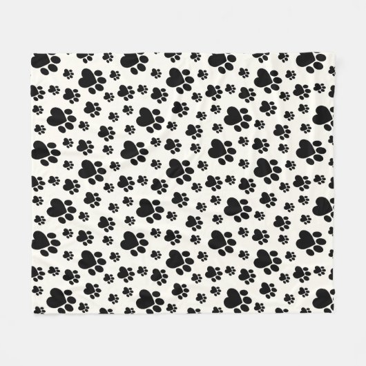 Schwarz auf Off-White Heart Paw Print Fleecedecke (Vorderseite (Horizontal))