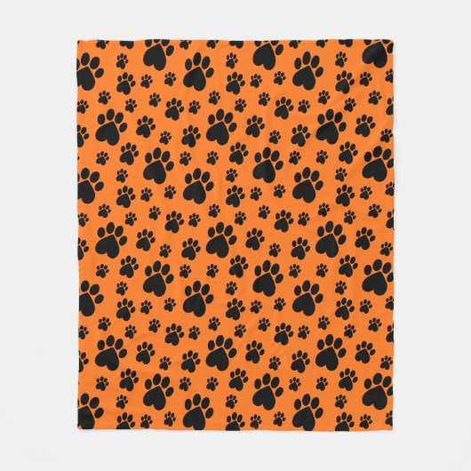 Schwarz auf Orange Heart Paw Print Fleecedecke (Vorderseite)