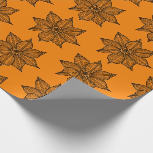 Schwarz auf orange Sketchy-Blume Geschenkpapier (Ecke)
