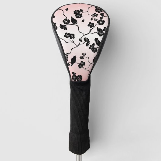 Schwarz auf rosa Muster Vögel und Kirschblüten Golf Headcover (Vorderseite)