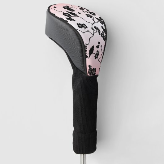 Schwarz auf rosa Muster Vögel und Kirschblüten Golf Headcover (angewinkelt)