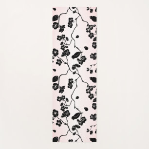 Schwarz auf rosa Muster Vögel und Kirschblüten Yogamatte