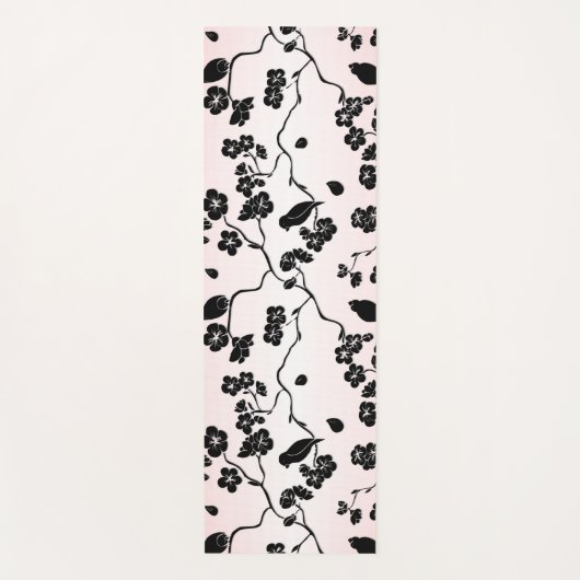Schwarz auf rosa Muster Vögel und Kirschblüten Yogamatte (Vorderseite)