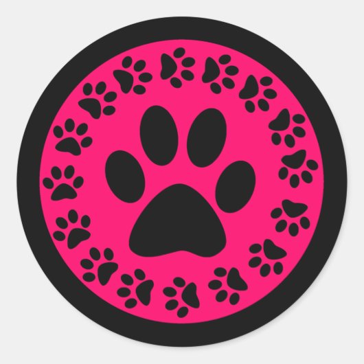 Schwarz auf rosa Paw Prints Runder Aufkleber (Vorderseite)