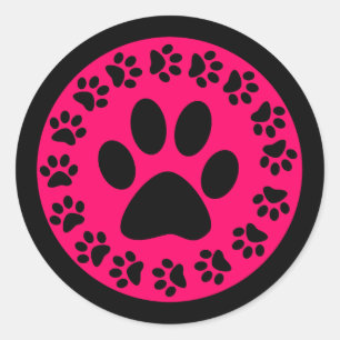 Schwarz auf rosa Paw Prints Runder Aufkleber