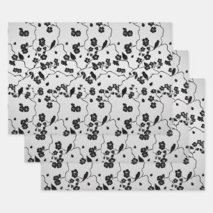Schwarz auf Silber Muster Vögel und Kirschblüten Geschenkpapier Set