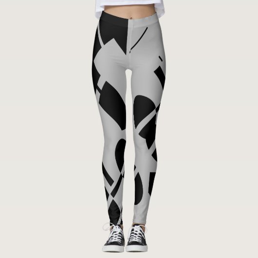 Schwarz auf silbergrauen, geometrischen Formen Leggings (Vorderseite)