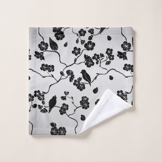 Schwarz auf Silbermustern Vögel und Kirschblüten Badhandtuch Set (Waschlappen)