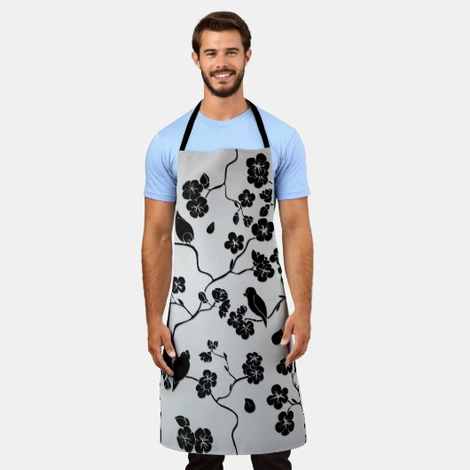 Schwarz auf Silbermustern Vögel und Kirschblüten Schürze (Getragen)
