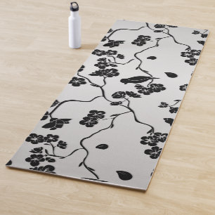 Schwarz auf Silbermustern Vögel und Kirschblüten Yogamatte
