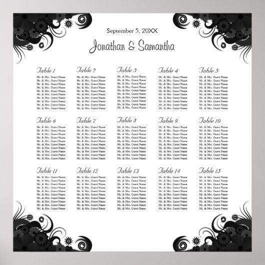 Schwarz auf Weiß Hochzeit 15 Tische Sitzkarten Poster (Vorne)