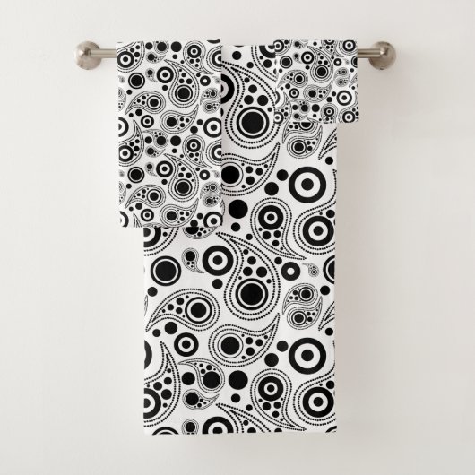 Schwarz auf Weiß-Kreis Punkte paisley-Stil Muster Badhandtuch Set (Insitu)