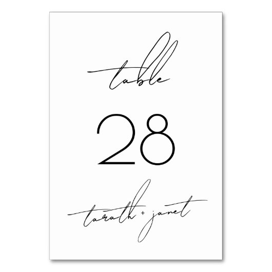 Schwarz auf Weiß Script Stilvolle Hochzeit Tischnummer (Vorderseite)