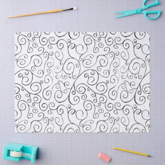 Schwarz auf weißem, handgemalten, kurvigem Muster Seidenpapier (Basteln)